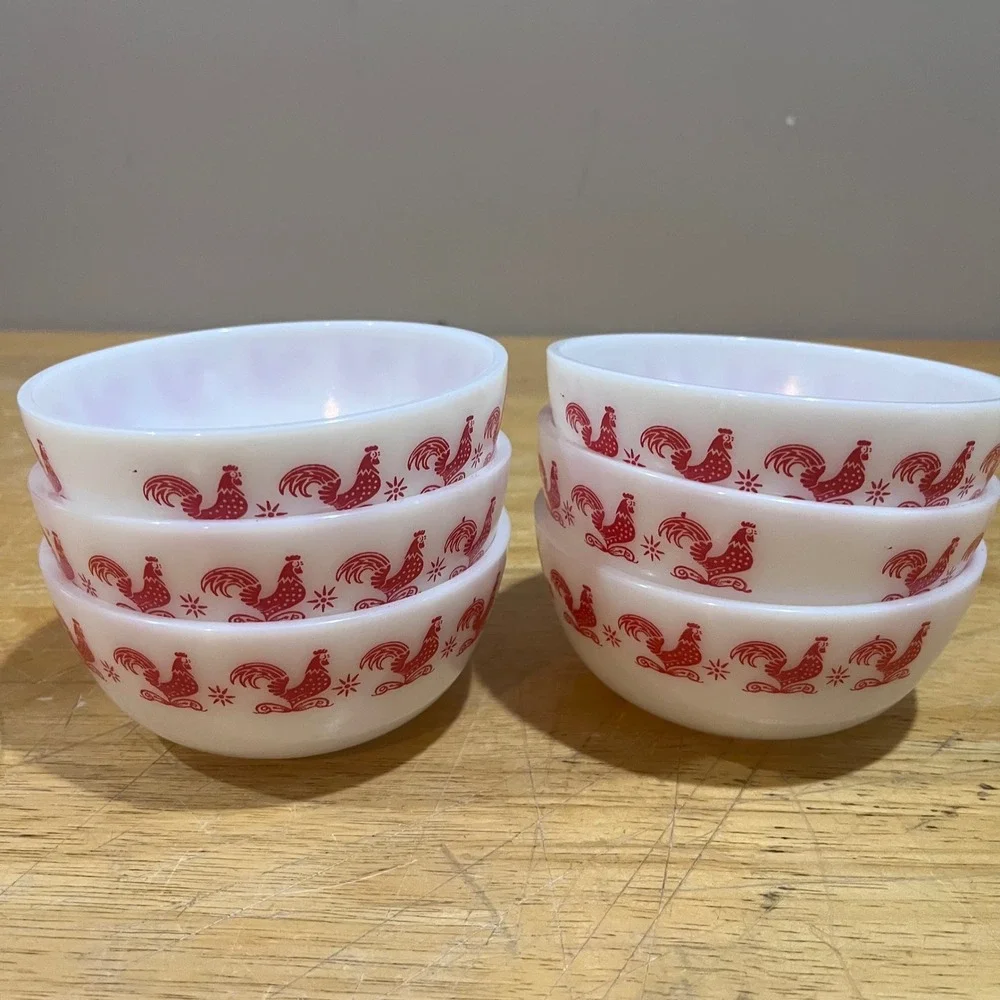 Vtg Hazel Atlas Red Rooster Milk Glass Fruit Bowls‎ Set of 6 Mid Century Modern